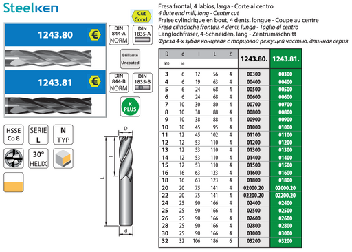 HSS Co8 - 4 flute slot drill - for Finishing - Long Lenght - Center cut - Weldon - Z4 - Coated - Helix 30° 
