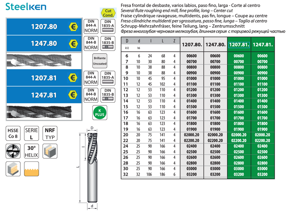 HSS Co8 - 4 flute slot drill - for Roughing - Long Lenght - Center cut - Weldon - Z4 - Coated - Helix 30° 