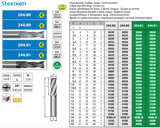 HSS Co8 - 2 flute slot drill - for Finishing - Long Lenght - Center cut - Cylindrical Shank - Z2 - Coated - Helix 30° 