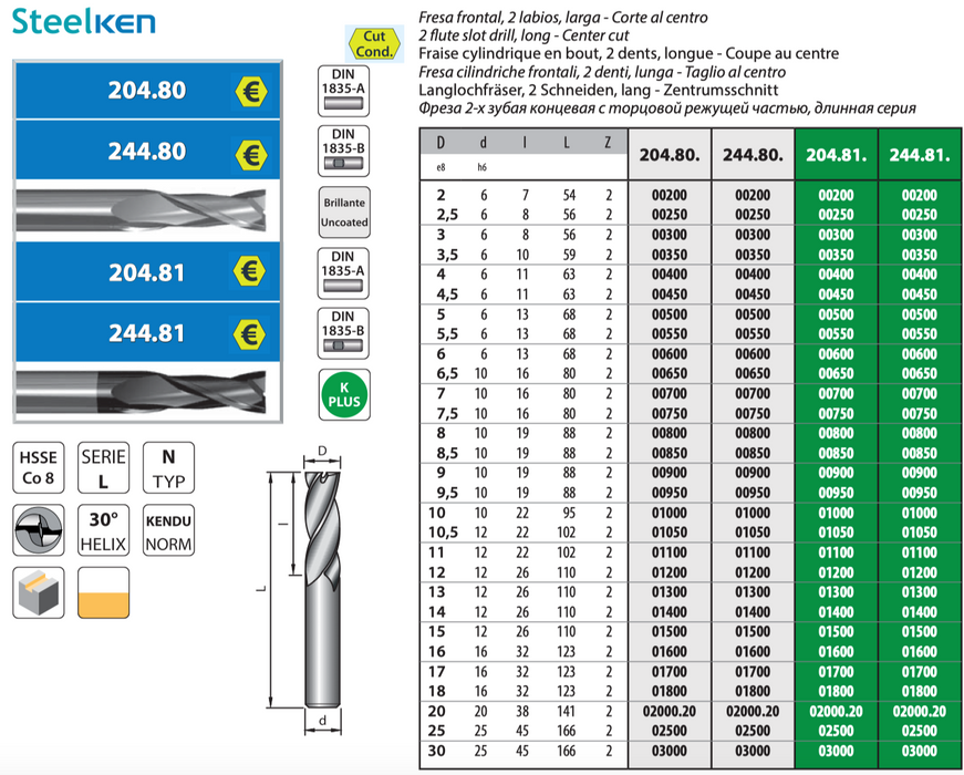 HSS Co8 - 2 flute slot drill - for Finishing - Long Lenght - Center cut - Cylindrical Shank - Z2 - Coated - Helix 30° 