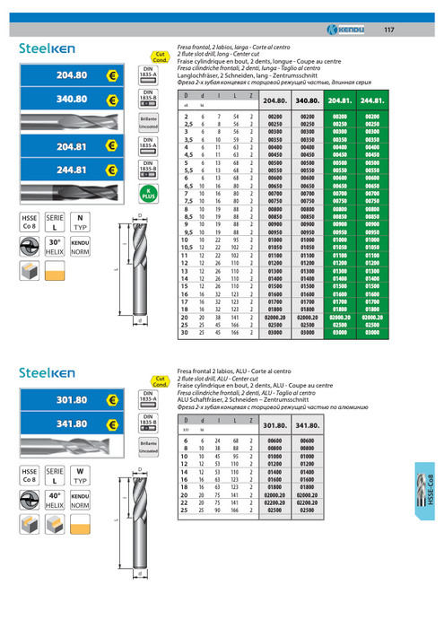 Diam 10mm - HSS Co8 - 2 flute slot drill - Short Lenght - Center cut - Weldon - Z2 - Uncoated - Helix 30°