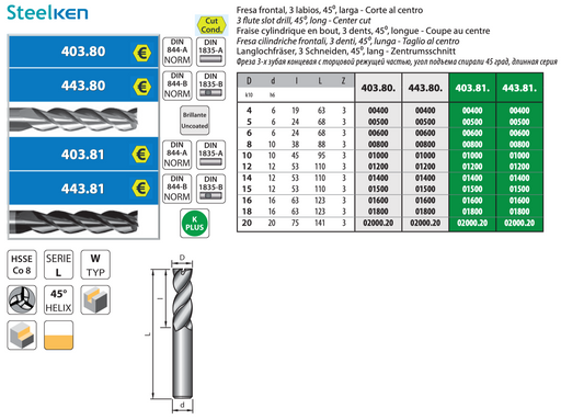 HSS Co8 - 3 flute slot drill - Long Lenght - Center cut - Weldon - Z3 - Coated - Helix 45° 