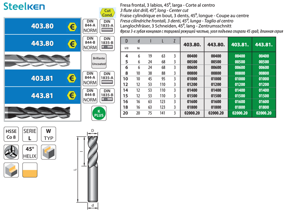 HSS Co8 - 3 flute slot drill - Long Lenght - Center cut - Weldon - Z3 - Coated - Helix 45° 